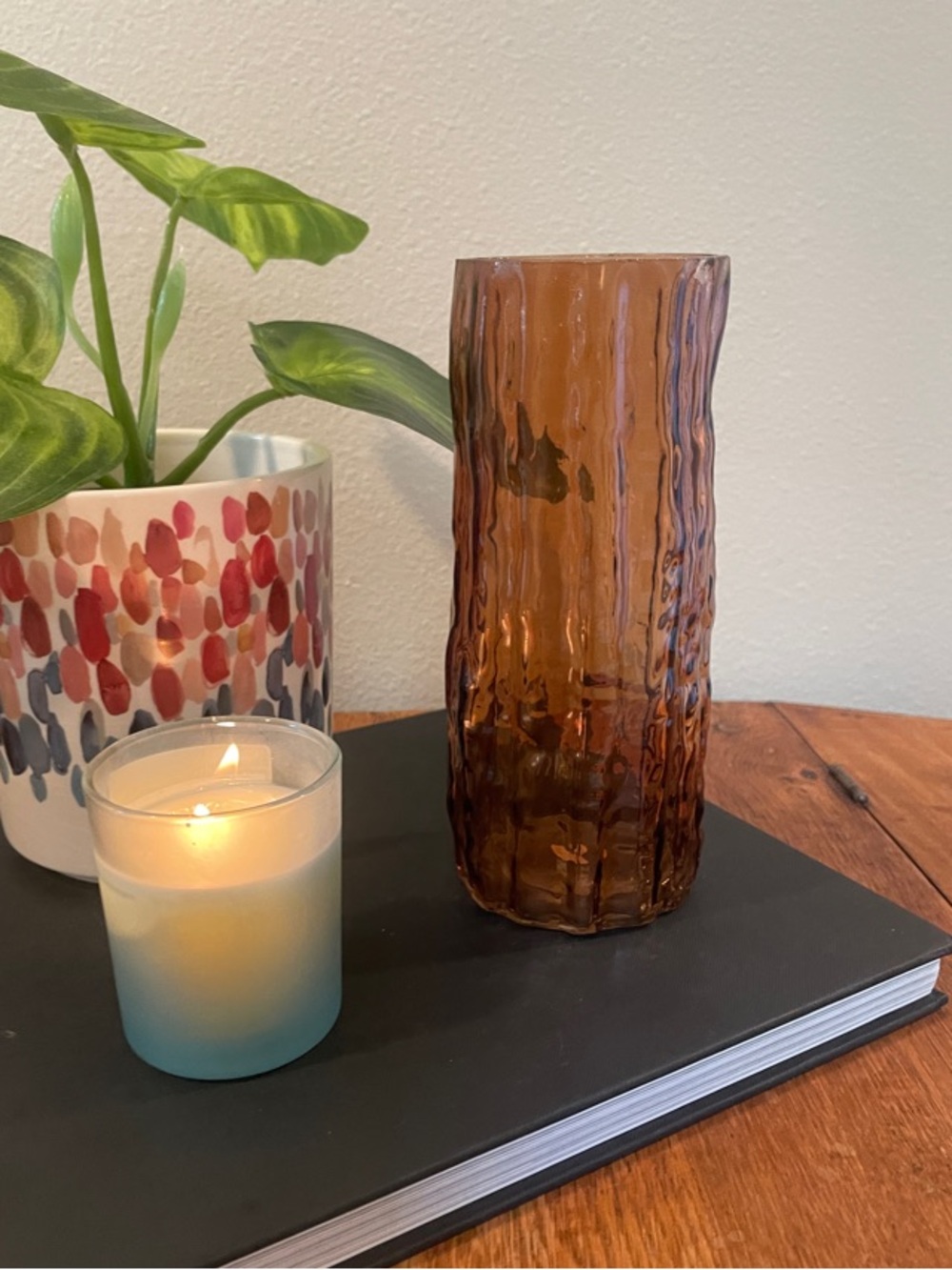 Vintage Amber Textured Glass Vase – Mid-Century Modern Style – 7"